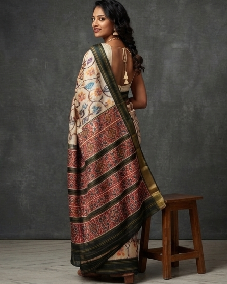Cream and Black Patola Saree with Multi-Color Floral Motifs and Rich Zari Pallu