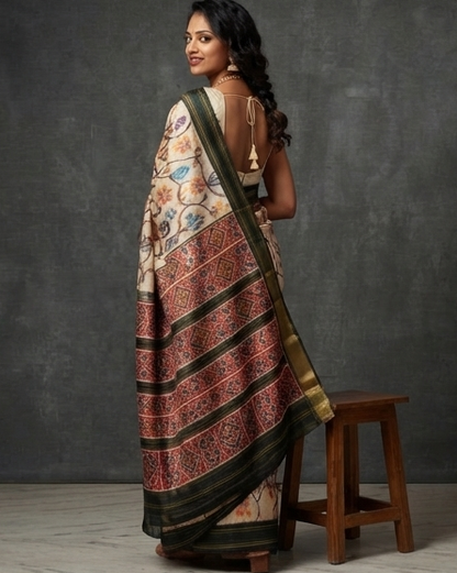 Cream and Black Patola Saree with Multi-Color Floral Motifs and Rich Zari Pallu
