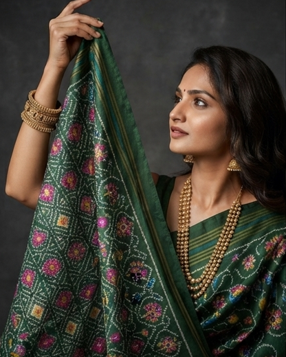 Forest Green Patola Saree with Intricate Floral and Bird Motifs and Striped Zari Pallu