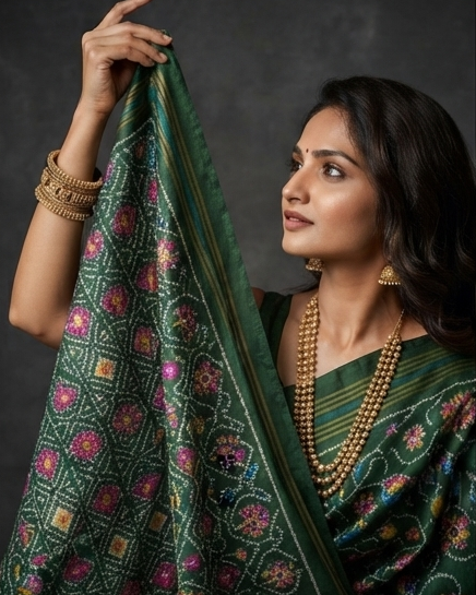Forest Green Patola Saree with Intricate Floral and Bird Motifs and Striped Zari Pallu