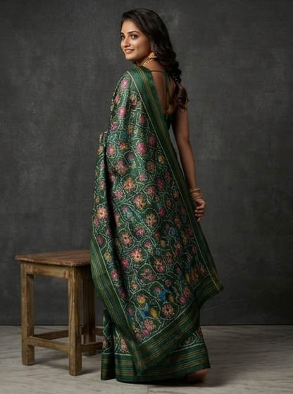 Forest Green Patola Saree with Intricate Floral and Bird Motifs and Striped Zari Pallu