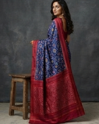 Blue and Magenta Patola Sarious with Traditional Animal Motifs and Rich Gold Zari Pallu