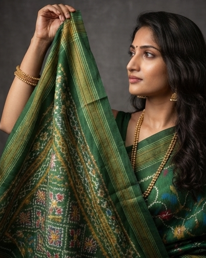 Emerald Green Patola Saree with Intricate Multi-Color Floral Motifs and Zari Pallu