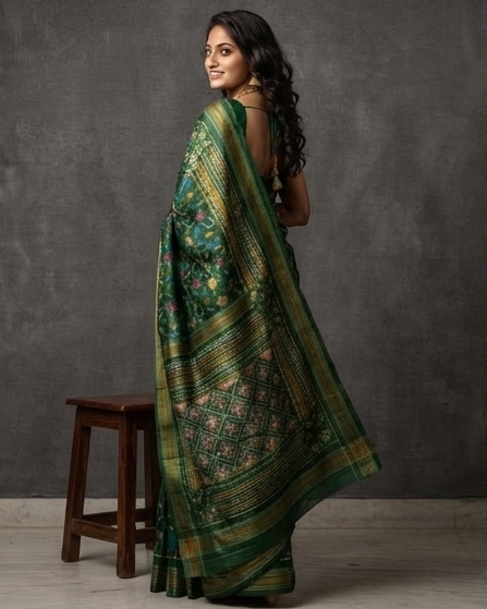 Emerald Green Patola Saree with Intricate Multi-Color Floral Motifs and Zari Pallu