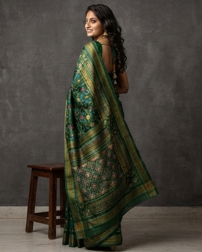Emerald Green Patola Saree with Intricate Multi-Color Floral Motifs and Zari Pallu