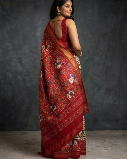 Ivory and Red Patola Saree with Traditional Chariot Motifs and Golden Zari Border