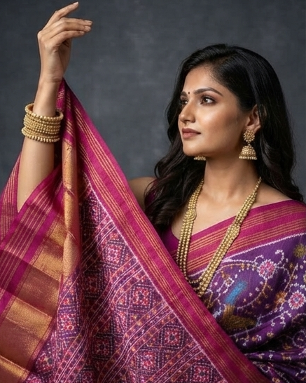 Royal Purple Patola Saree with Traditional Peacock and Floral Motifs and Rich Magenta Zari Pallu