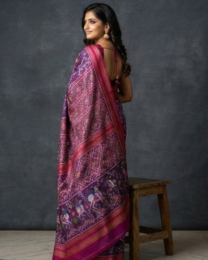Royal Purple Patola Saree with Traditional Peacock and Floral Motifs and Rich Magenta Zari Pallu