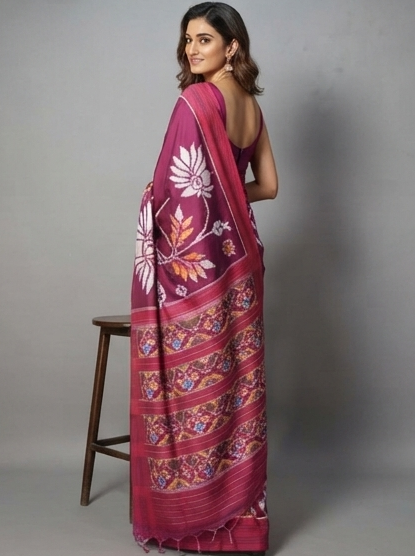 Magenta and White Patola Saree with Large Floral Motifs and Compartmentalized Pallu