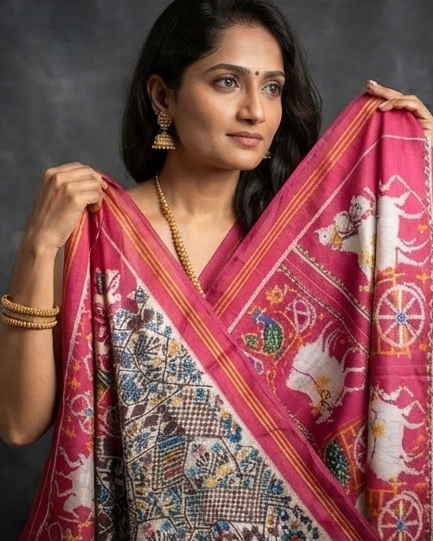 Cream and Multi-Color Patola Saree with Traditional Elephant Motifs and Rich Magenta Zari Pallu