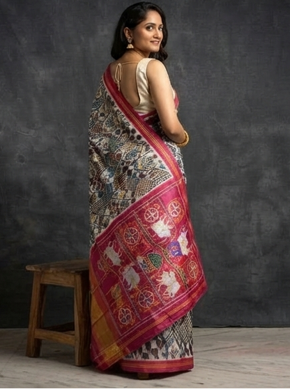 Cream and Multi-Color Patola Saree with Traditional Elephant Motifs and Rich Magenta Zari Pallu