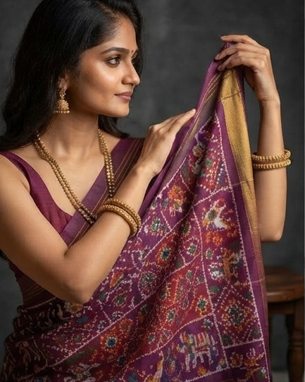 Deep Purple Patola Saree with Traditional Animal Motifs and Geometric Pallu