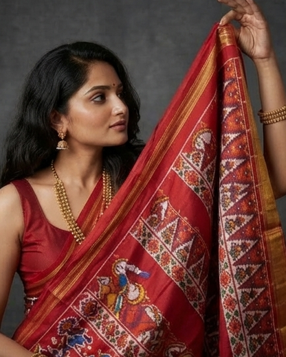 Red and White Patola Saree with Traditional Figural Motifs and Grand Gold Zari Pallu