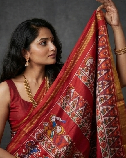 Red and White Patola Saree with Traditional Figural Motifs and Grand Gold Zari Pallu
