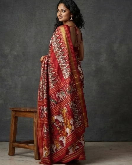 Red and White Patola Saree with Traditional Figural Motifs and Grand Gold Zari Pallu