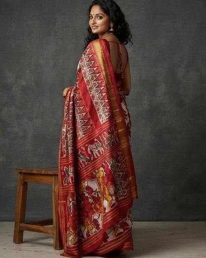 Red and White Patola Saree with Traditional Figural Motifs and Grand Gold Zari Pallu