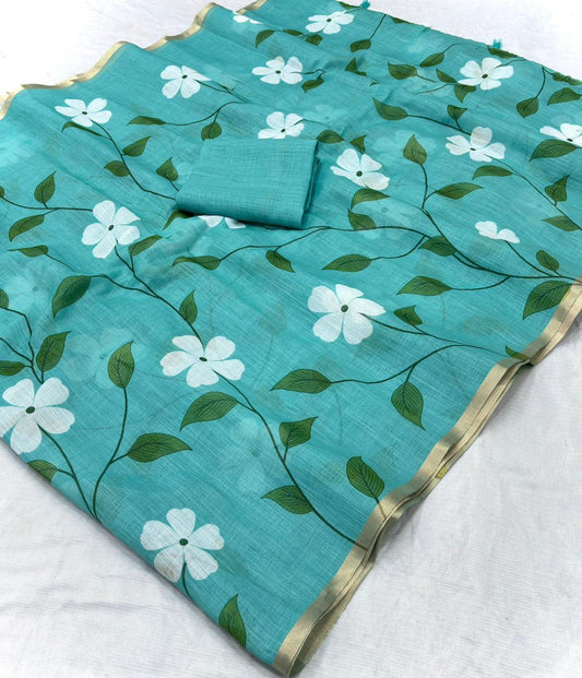 Turquoise Blue Pure Linen Floral Print Saree