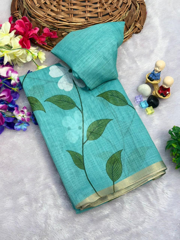 Turquoise Blue Pure Linen Floral Print Saree
