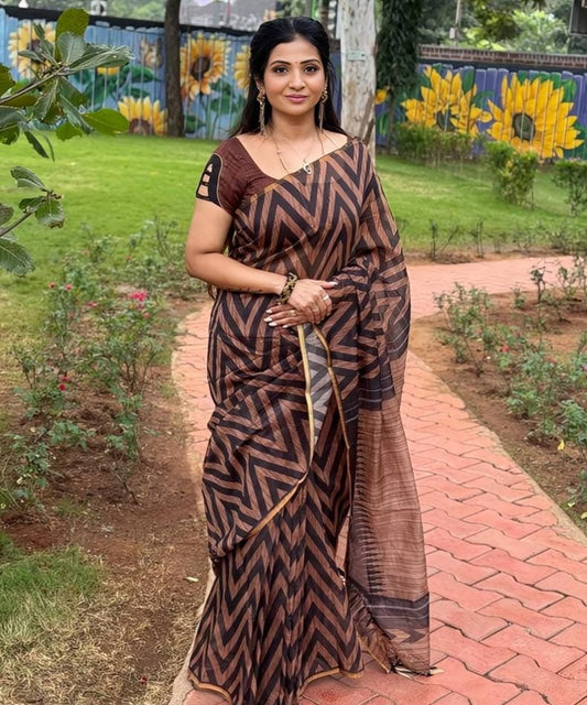Brown and Black Chevron Print Linen Saree