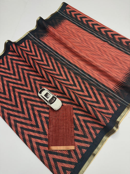 Brown and Black Chevron Print Linen Saree