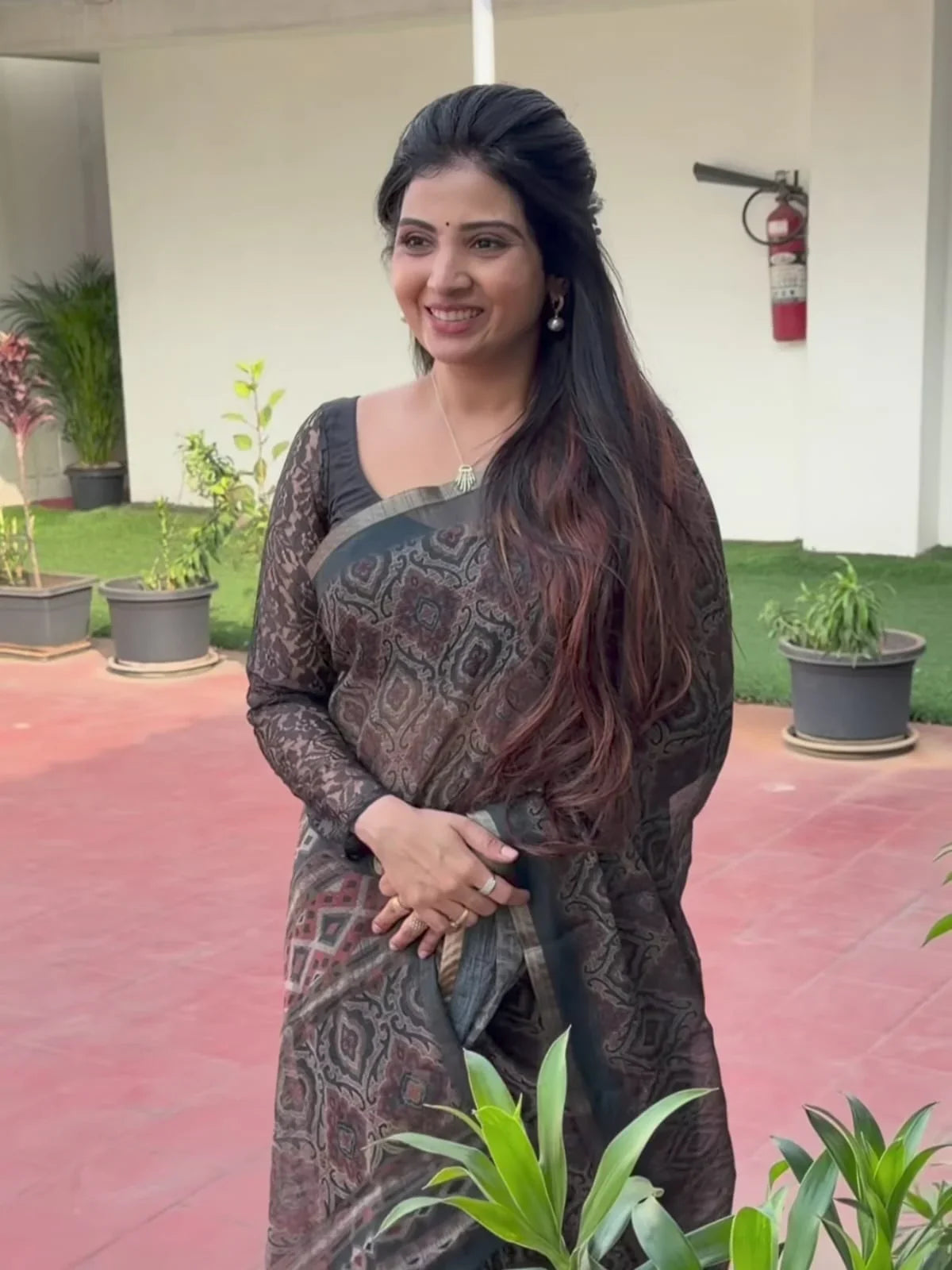 Charcoal and Brown Block Print Linen Saree