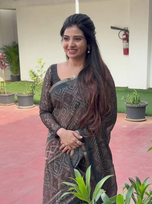 Charcoal and Brown Block Print Linen Saree