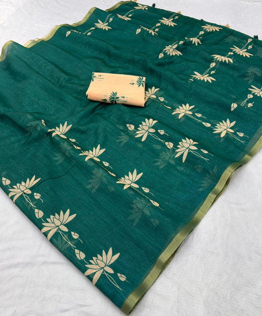 Bottle Green Lotus Print Pure Linen Saree