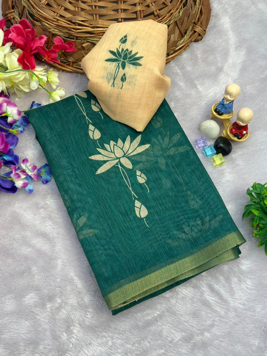 Bottle Green Lotus Print Pure Linen Saree