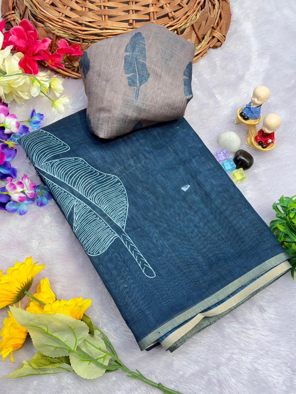 Teal Indigo Linen Saree With Banana Leaves