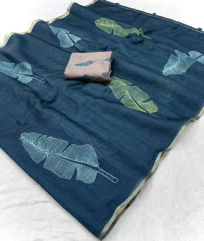 Teal Indigo Linen Saree With Banana Leaves
