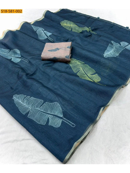 Teal Indigo Linen Saree With Banana Leaves