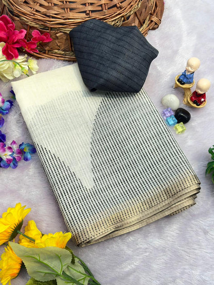 Off-White and Charcoal Geometric Linen Saree