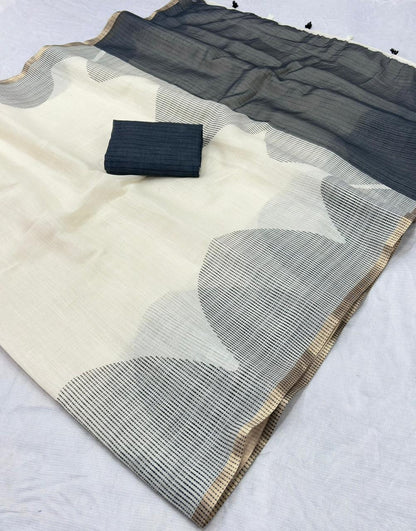 Off-White and Charcoal Geometric Linen Saree