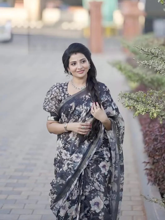 Charcoal Grey Floral Print Pure Linen Saree