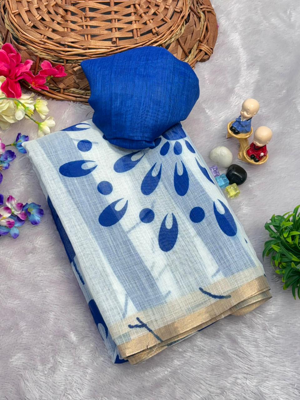 White Linen Saree With Blue Mandala Prints
