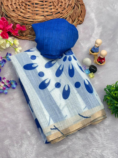 White Linen Saree With Blue Mandala Prints