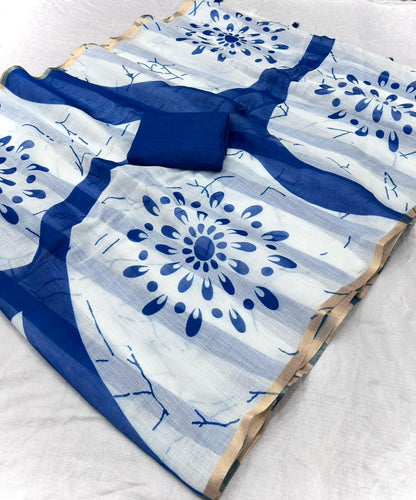 White Linen Saree With Blue Mandala Prints