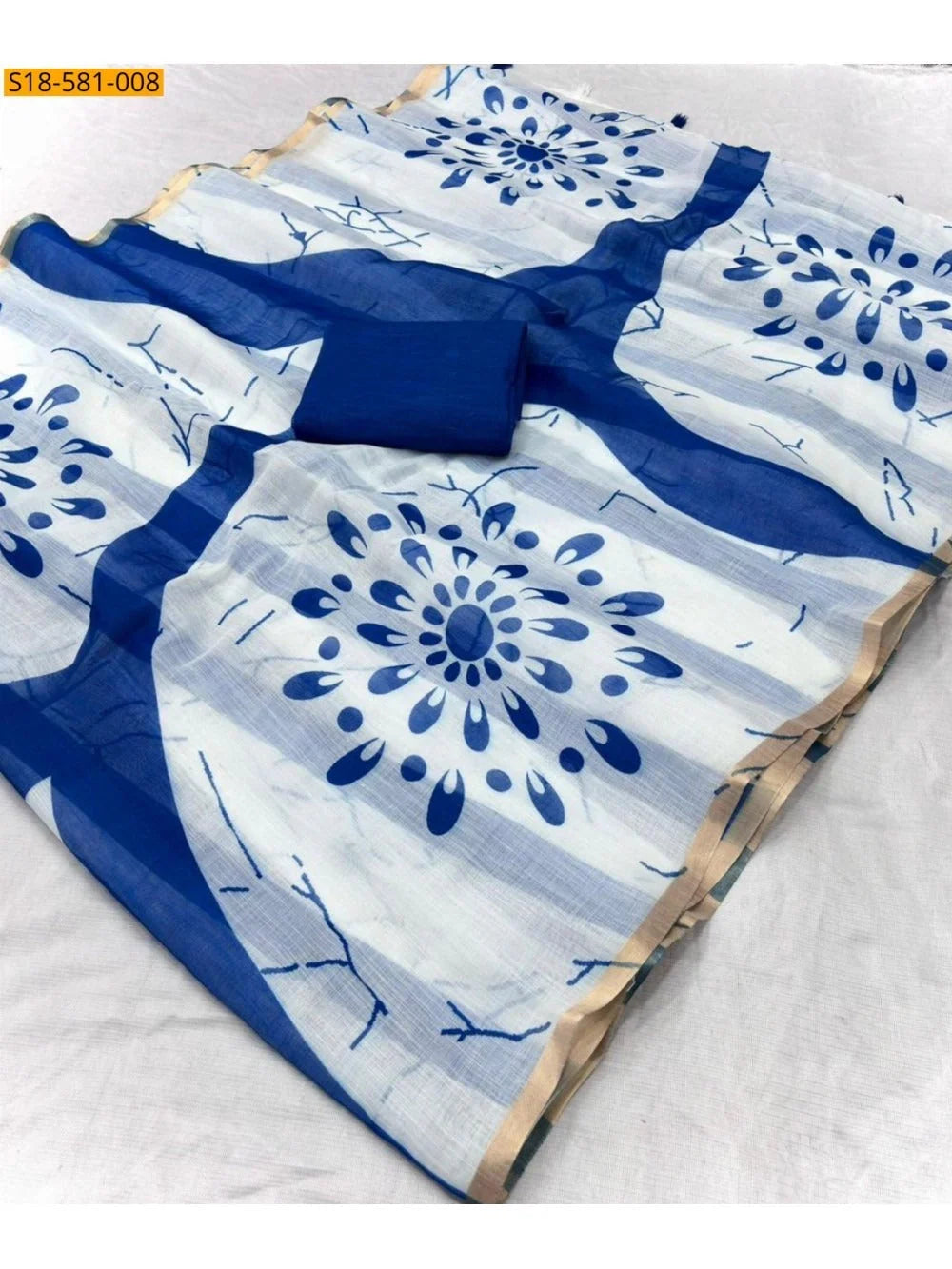 White Linen Saree With Blue Mandala Prints