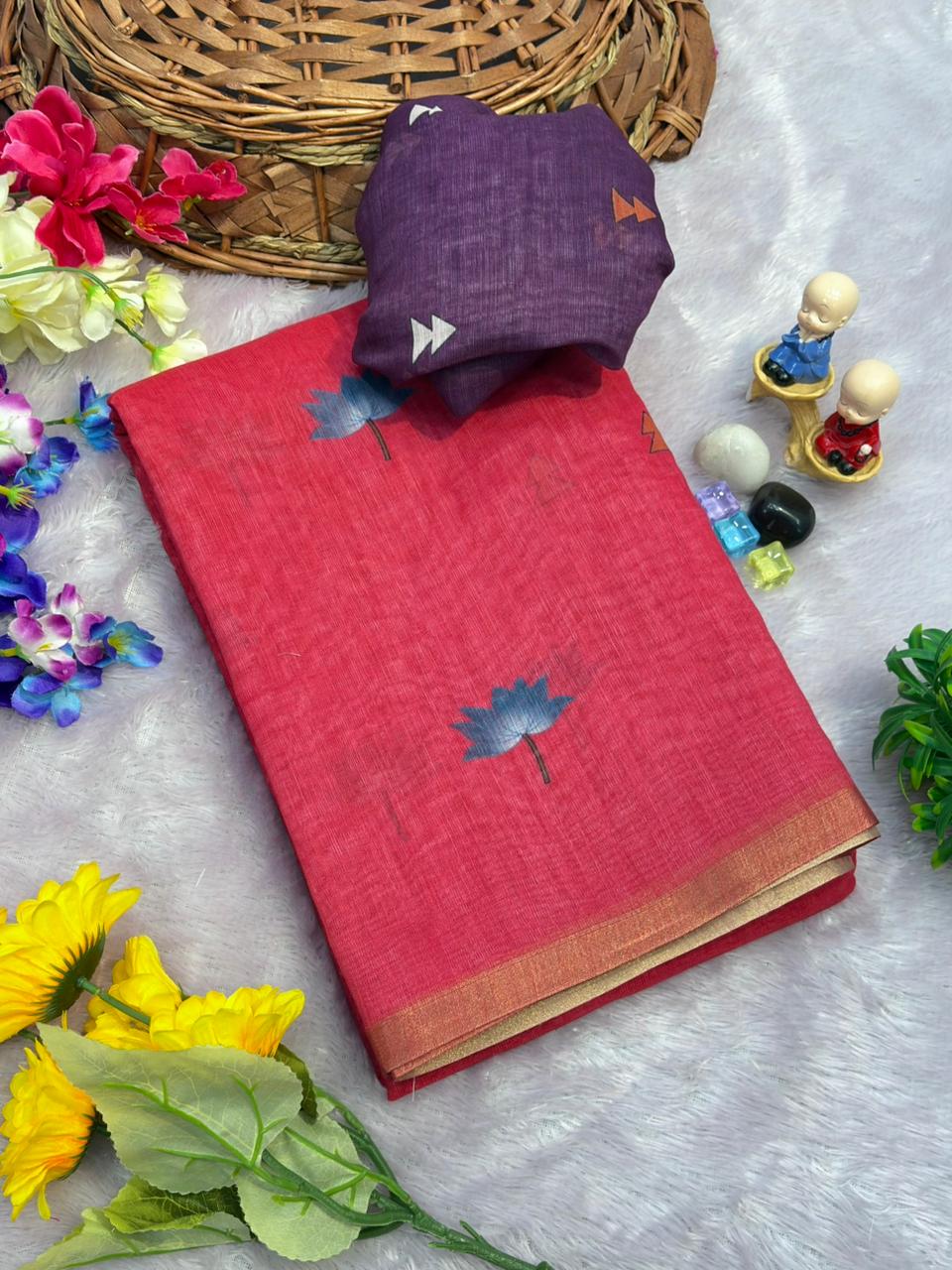 Coral Linen Saree With Purple Elephant Pallu