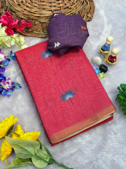 Coral Linen Saree With Purple Elephant Pallu