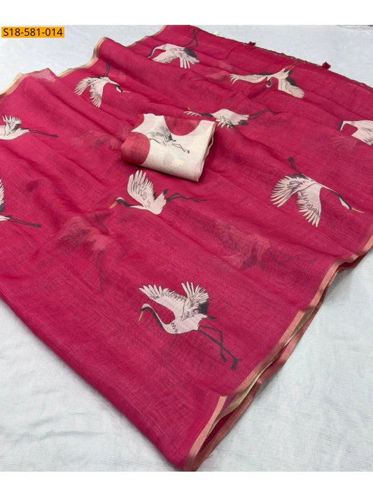 Raspberry Rose Pure Linen Crane Print Saree