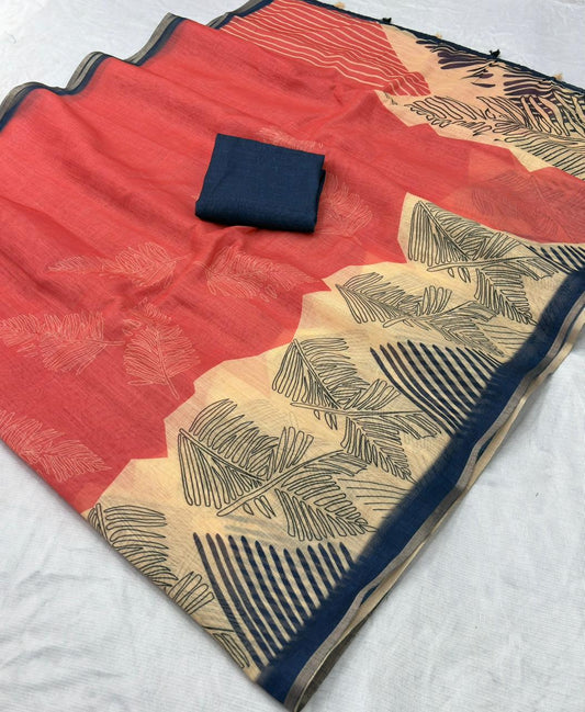 Botanical Print Rust Red Pure Linen Saree