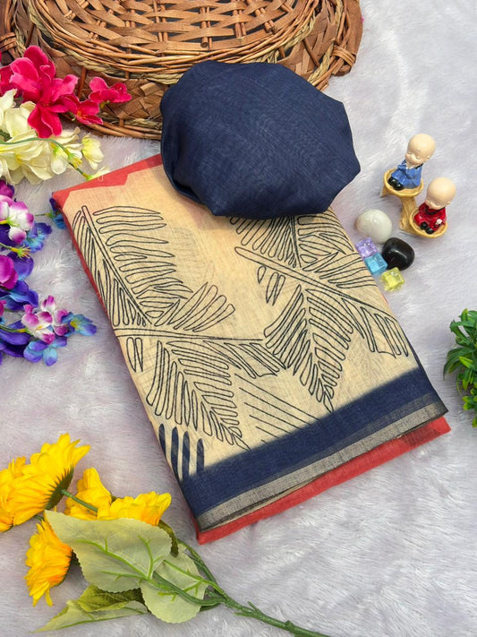 Botanical Print Rust Red Pure Linen Saree