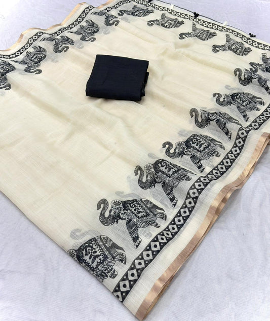 Ivory Cream Pure Linen Elephant Print Saree