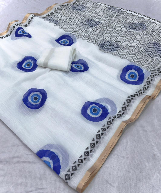 White Pure Linen Evil Eye Print Saree