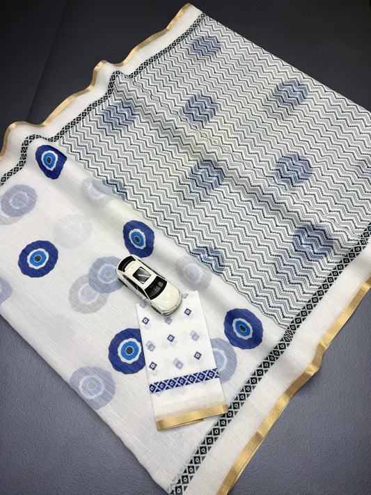 White Pure Linen Evil Eye Print Saree