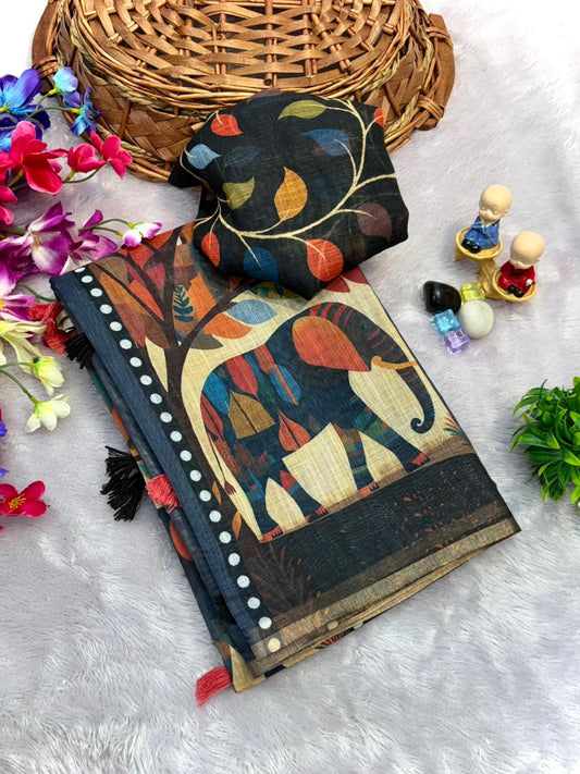 Charcoal Black Pure Linen Folk Art Saree