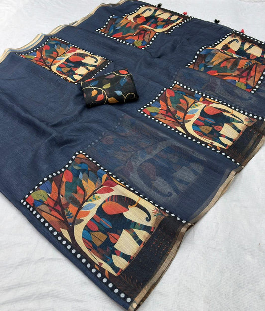 Charcoal Black Pure Linen Folk Art Saree