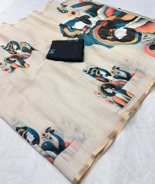 Cream Abstract Print Pure Linen Saree