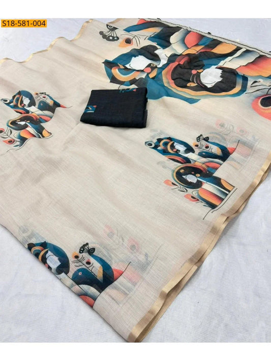 Cream Abstract Print Pure Linen Saree